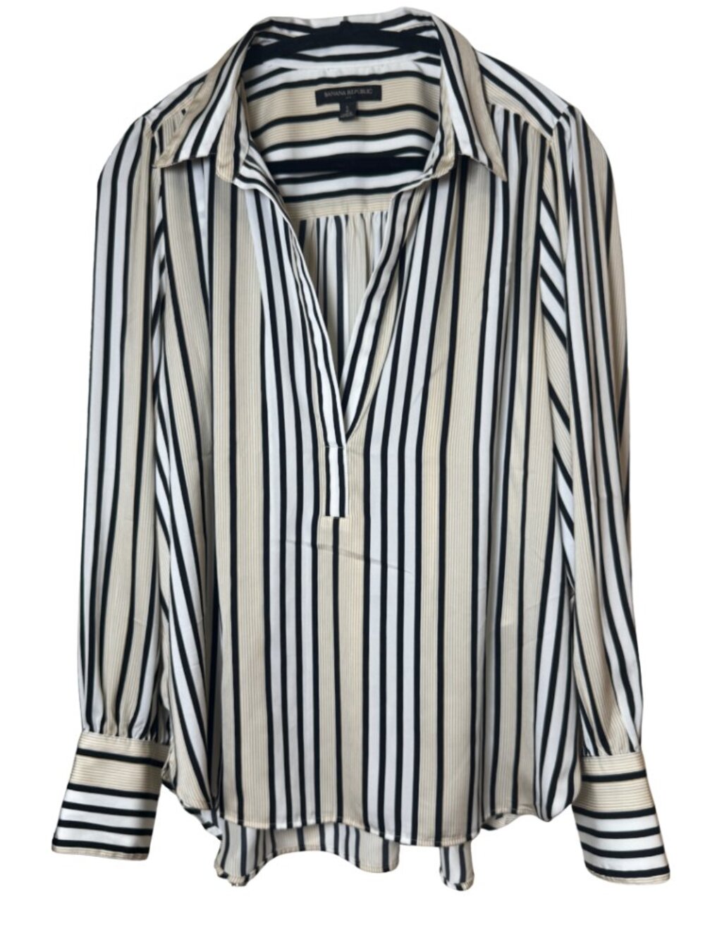 Banana Republic Large‎ Striped Faux Satin Blouse Cream & Black Vertical Stripes